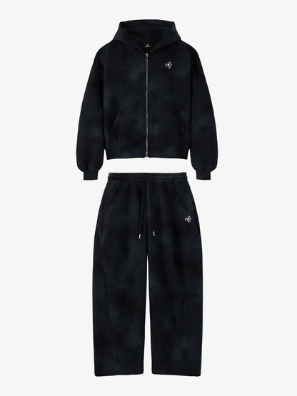 Vintage Washed Tie-Dye Zip Up Hoodie & Barrel Sweatpants Tracksuit 