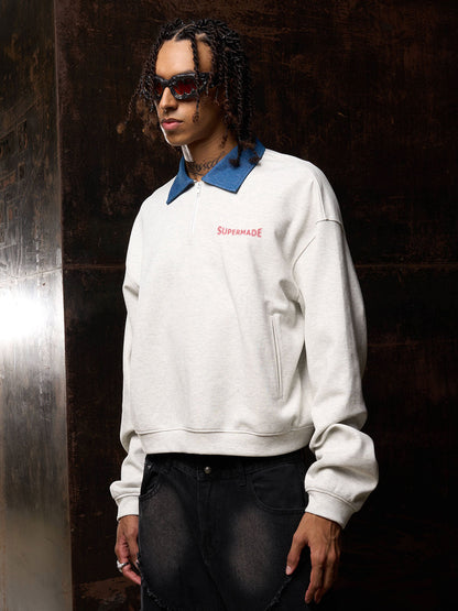 Original Denim Lapel Patchwork Sweatshirt 