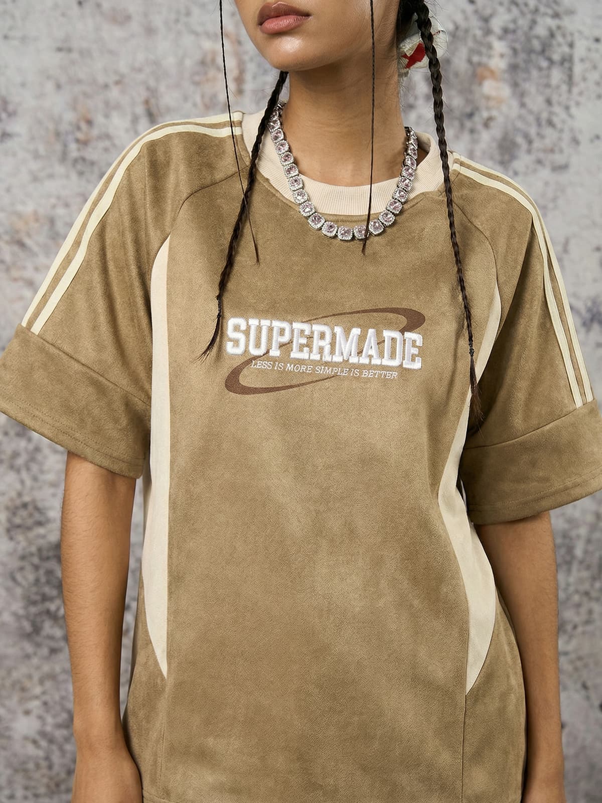 Suede Contrast Color Spliced Letter Embroidery Oversize T-shirt - 2462 