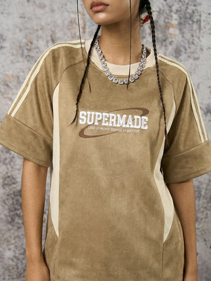 Suede Contrast Color Spliced Letter Embroidery Oversize T-shirt - 2462 