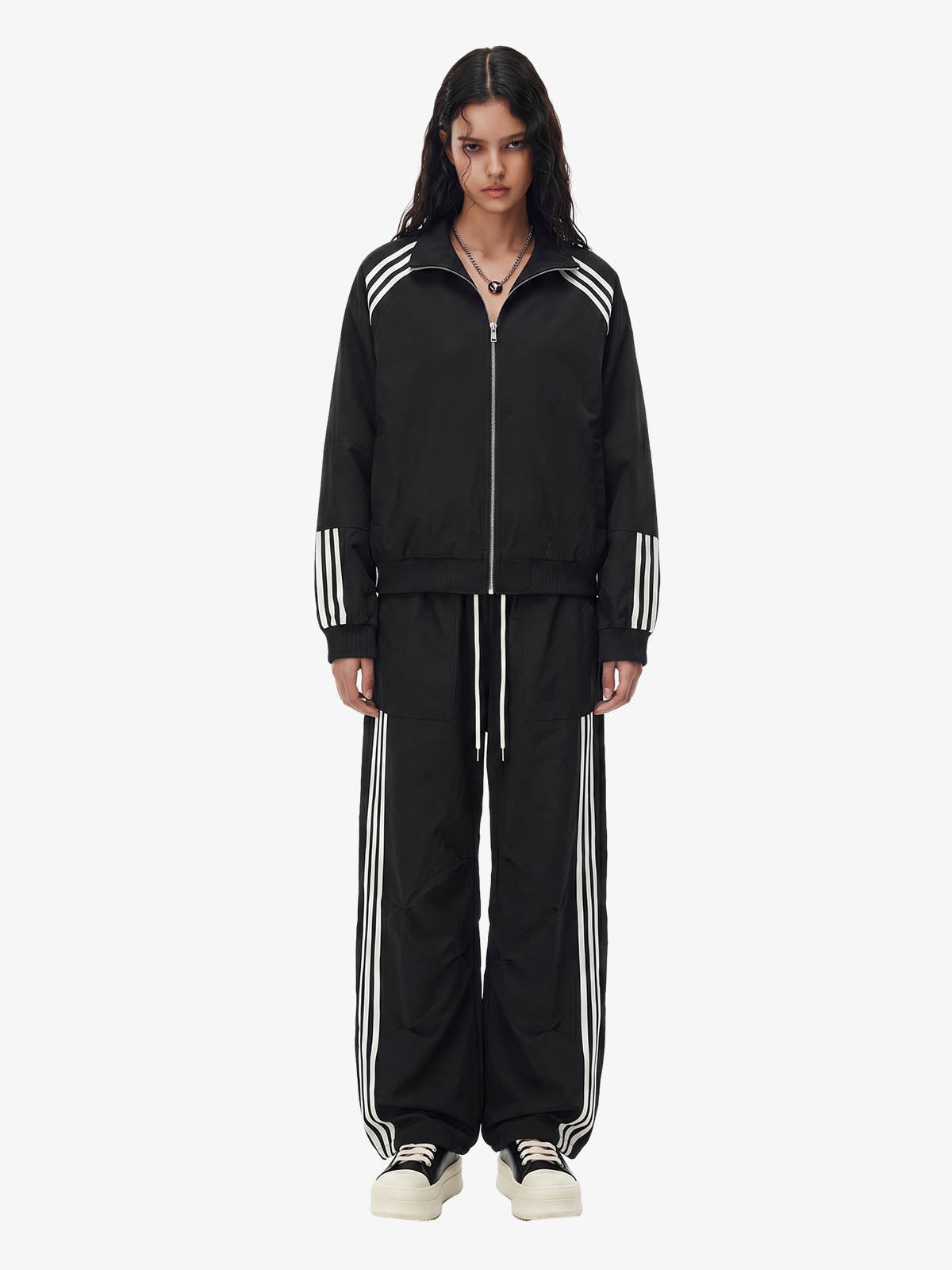 Striped Zip-Up Track Jacket and Wide-Leg Track Pants Set 