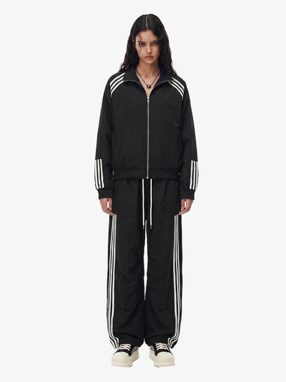 Striped Zip-Up Track Jacket and Wide-Leg Track Pants Set 
