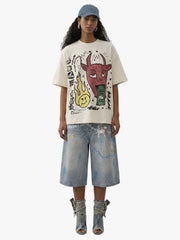 Waffle Knit Graffiti Devil Graphic Oversized T-Shirt 
