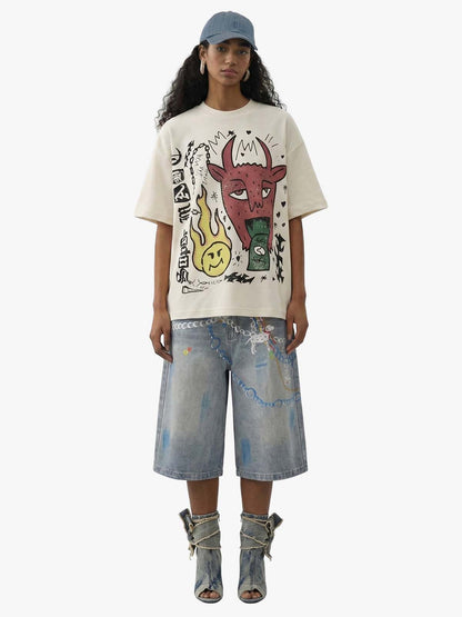 Waffle Knit Graffiti Devil Graphic Oversized T-Shirt 