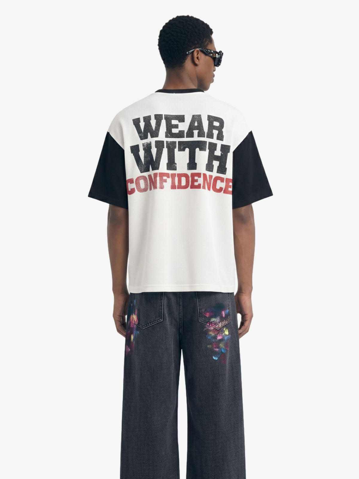 Heart Slogan Graphic Contrast Sleeve Waffle Knit T-Shirt 