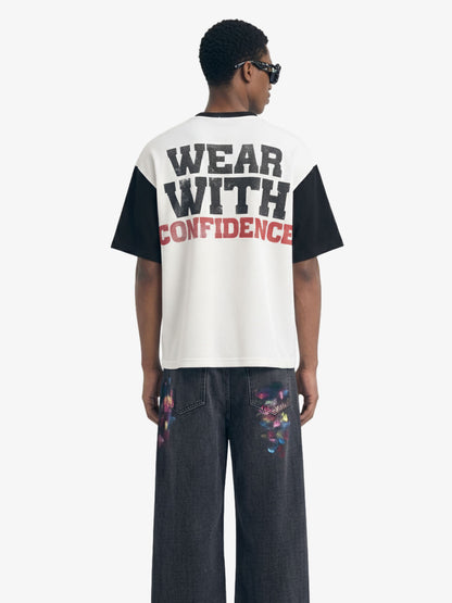 Heart Slogan Graphic Contrast Sleeve Waffle Knit T-Shirt 