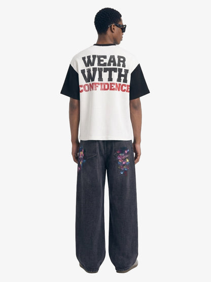 Heart Slogan Graphic Contrast Sleeve Waffle Knit T-Shirt 