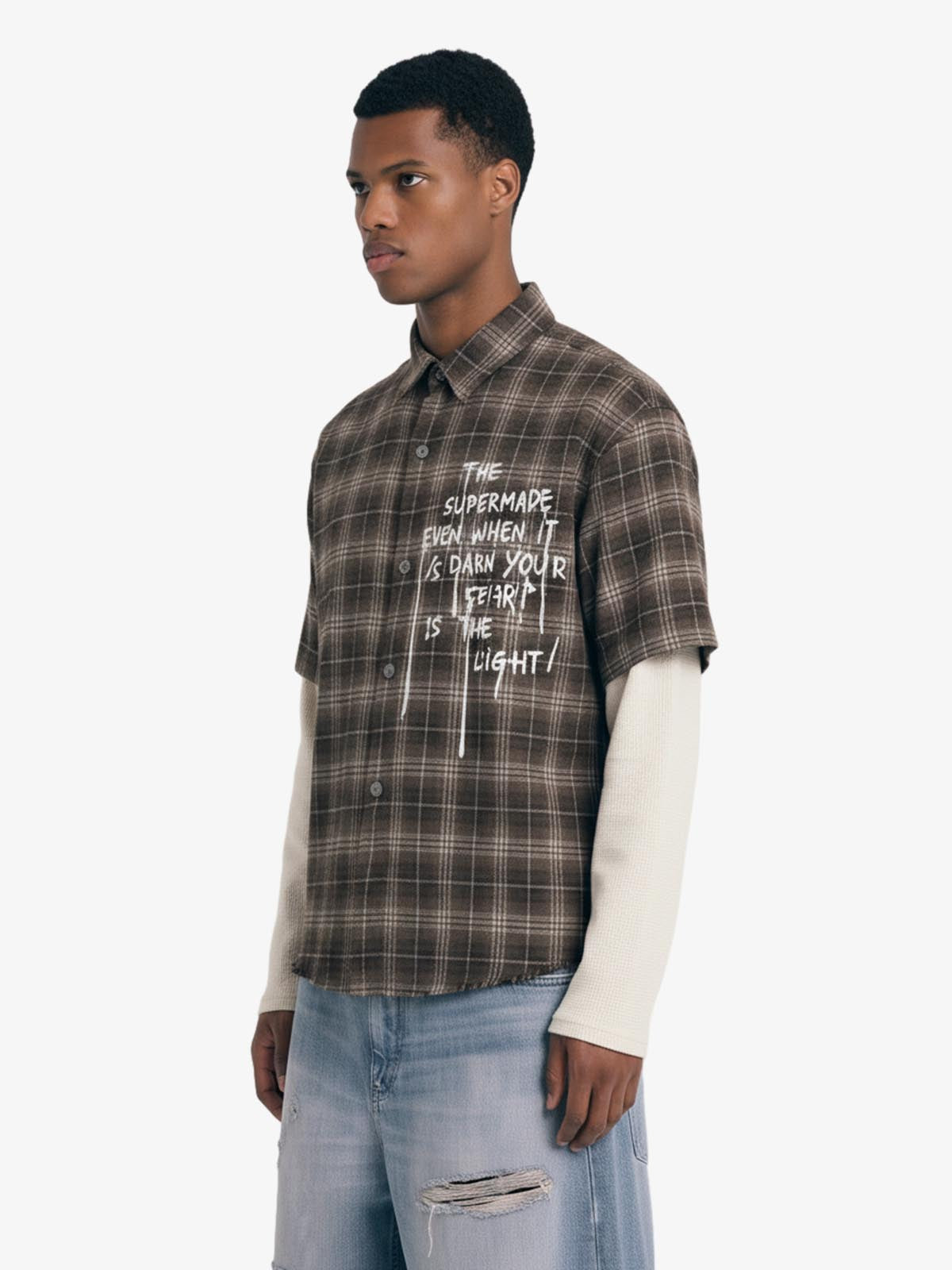 Cotton Street Distressed Plaid Faux Two-Piece Shirt 