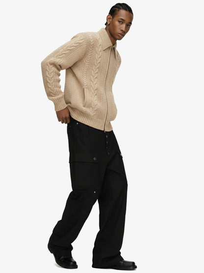 Knitted Vintage Floral Wheat Ear Pattern Double Zip Sweater