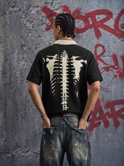 Skeleton Ribcage Graphic Print Asymmetric Button Polo Shirt 
