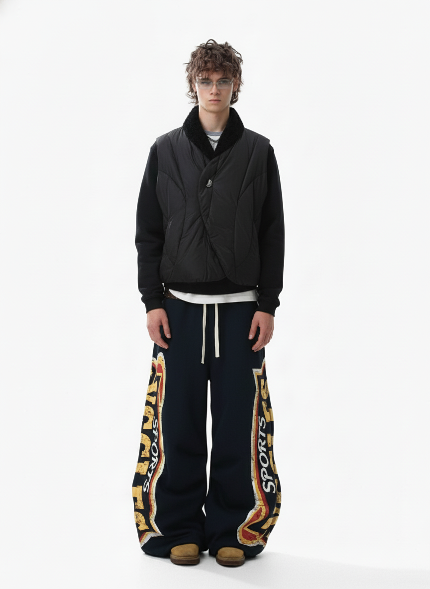 Street Letter Print Fleece-Lined Wide-Leg Sweatpants 