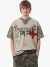 Distressed Camo Layered Gothic Cross Portrait Graphic T-Shirt