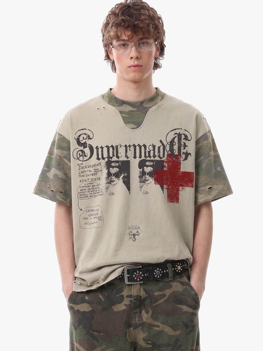 Distressed Camo Layered Gothic Cross Portrait Graphic T-Shirt