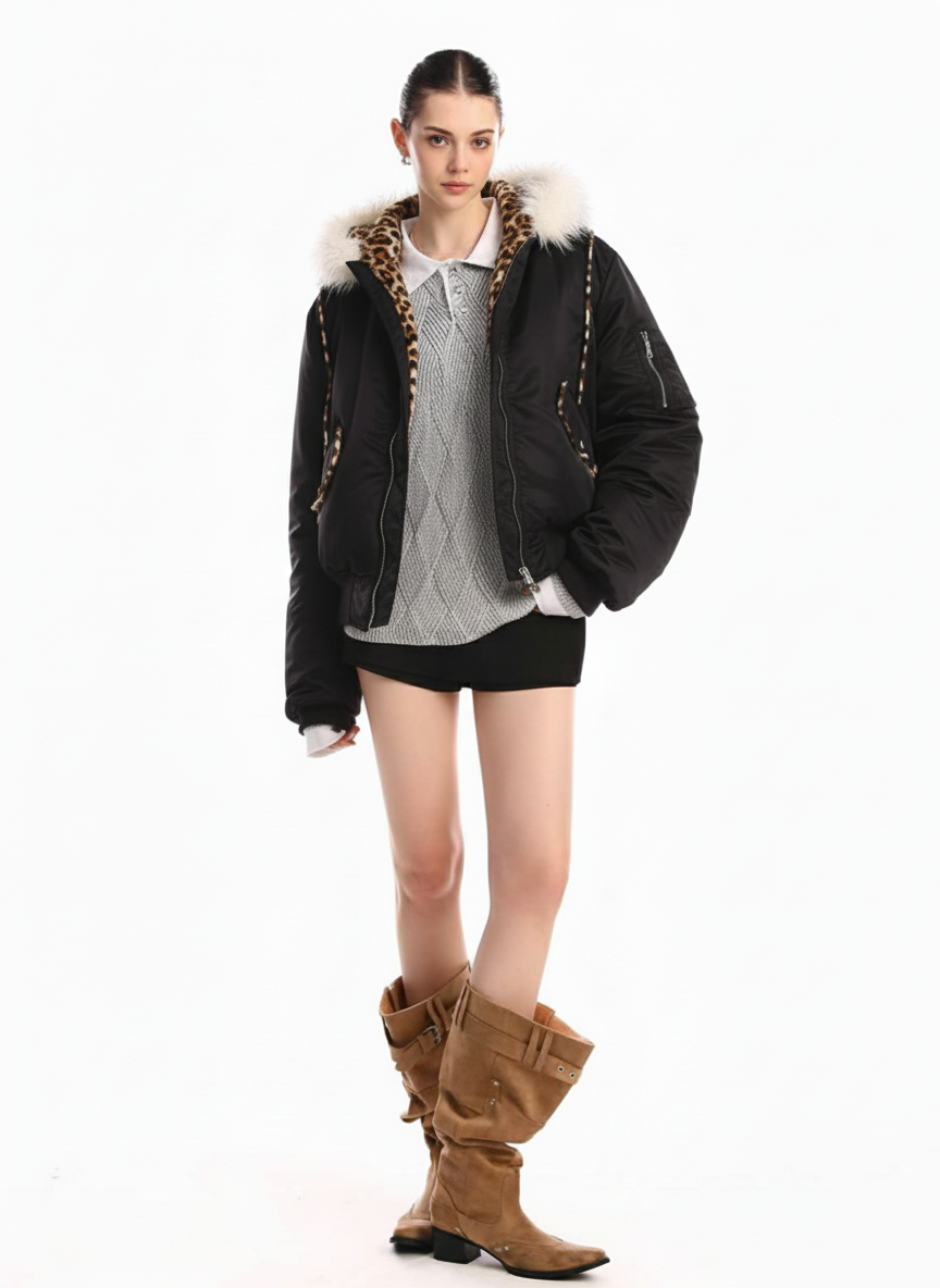 Retro Fur Collar Ruched Leopard Lining Bomber Jacket 