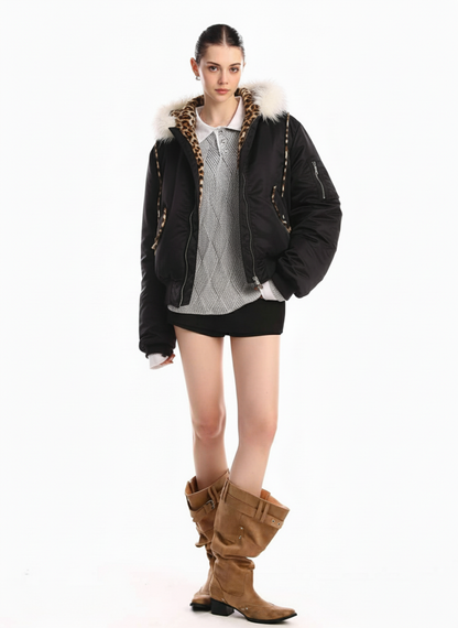 Retro Fur Collar Ruched Leopard Lining Bomber Jacket 