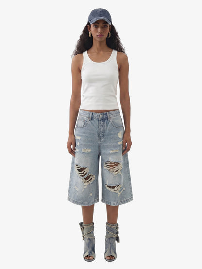 Distressed Washed Ripped Denim Jort 