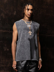 Cross-Print Distressed Washed Vest 