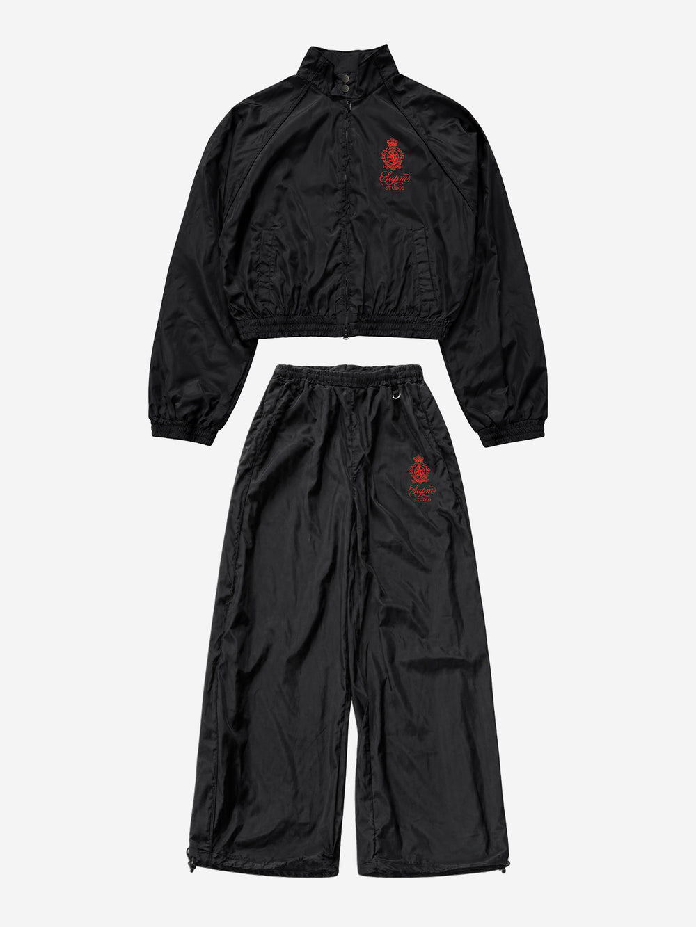 Embroidered Cropped Windbreaker Jacket & Relaxed Pants Set