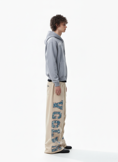 Retro Contrast Letter Print Fleece Wide-Leg Sweatpants 