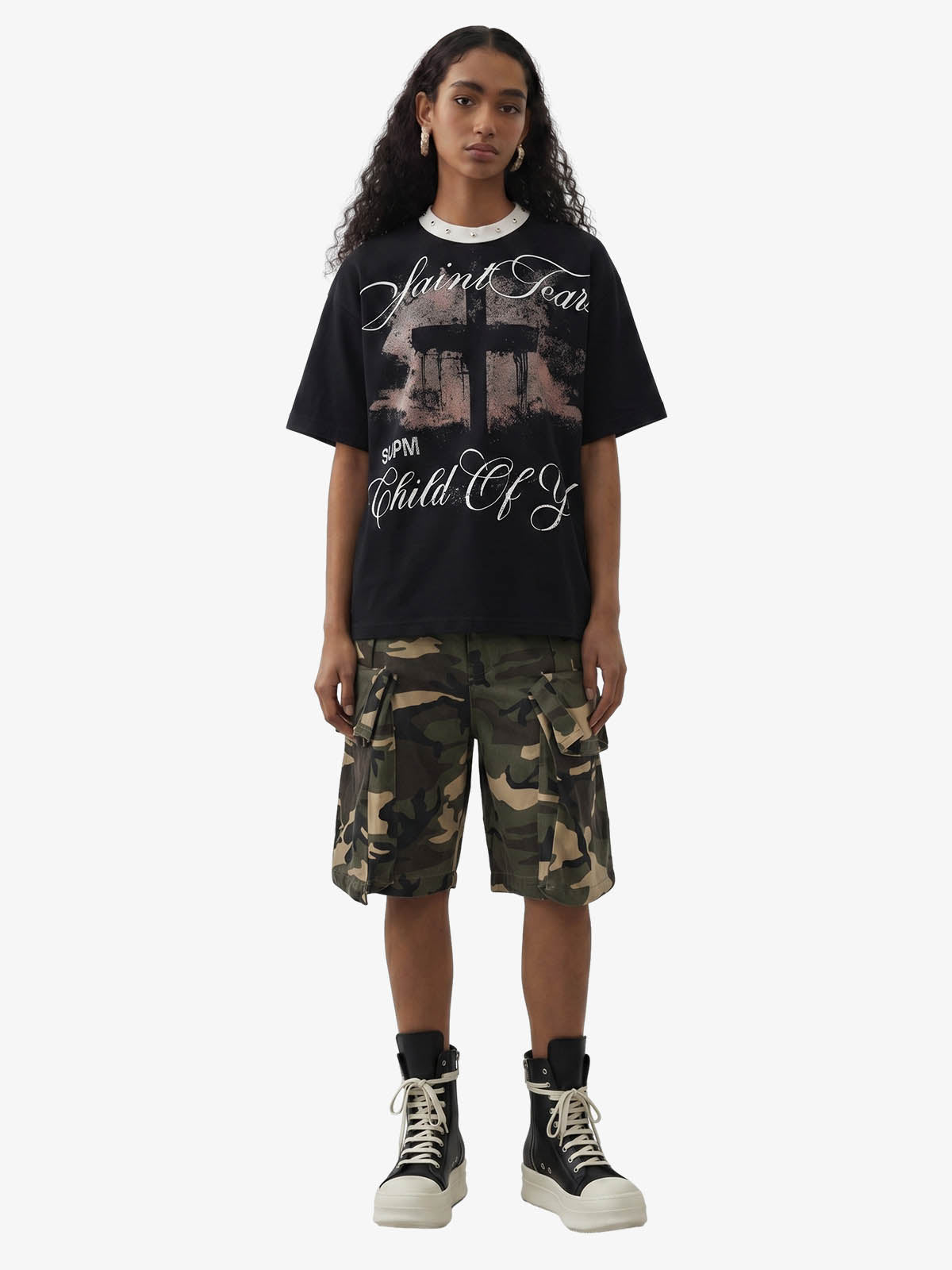 Gothic Cross Print Studded Collar Waffle Knit Graphic T-Shirt 