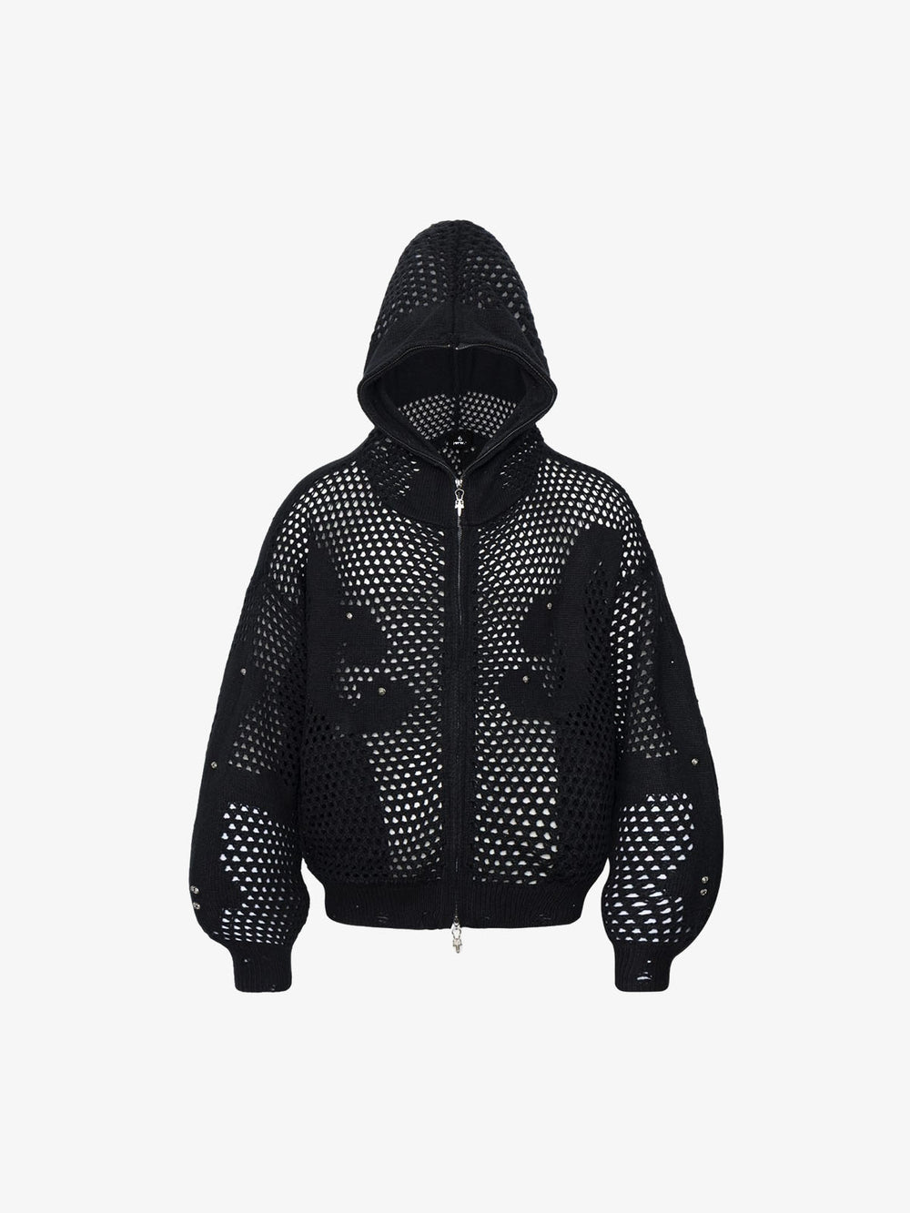Knit Mesh Studded Boxy Zip-Up Hoodie