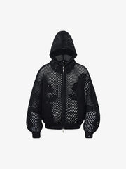 Knit Mesh Studded Boxy Zip-Up Hoodie