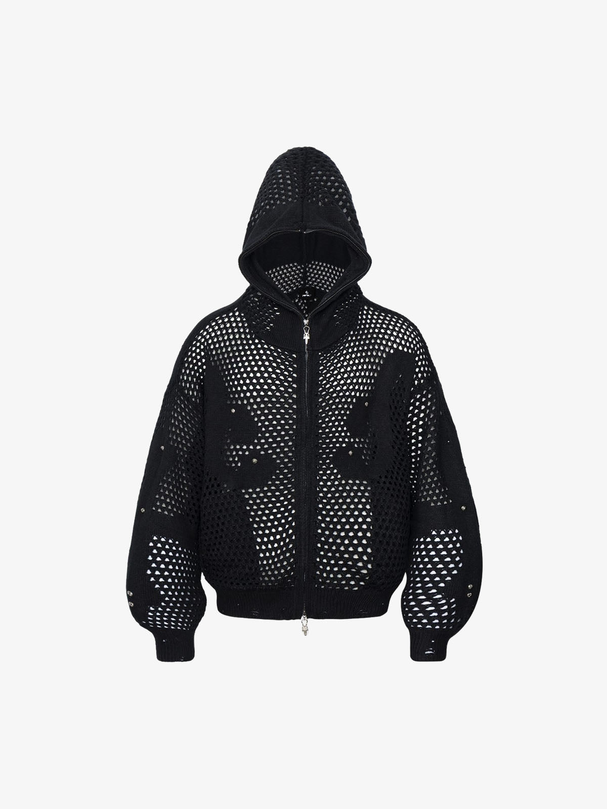 Knit Mesh Studded Boxy Zip-Up Hoodie