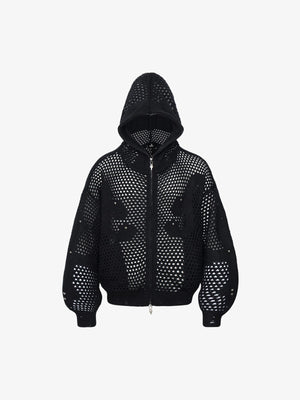 Knit Mesh Studded Boxy Zip-Up Hoodie