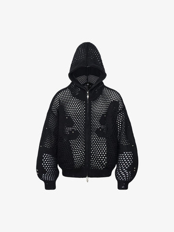 Knit Mesh Studded Boxy Zip-Up Hoodie