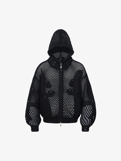 Knit Mesh Studded Boxy Zip-Up Hoodie