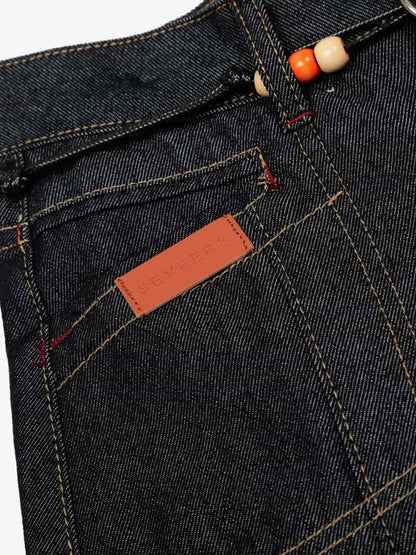 Stylish High-Waisted Denim Trousers with Beaded Drawstring Detail 