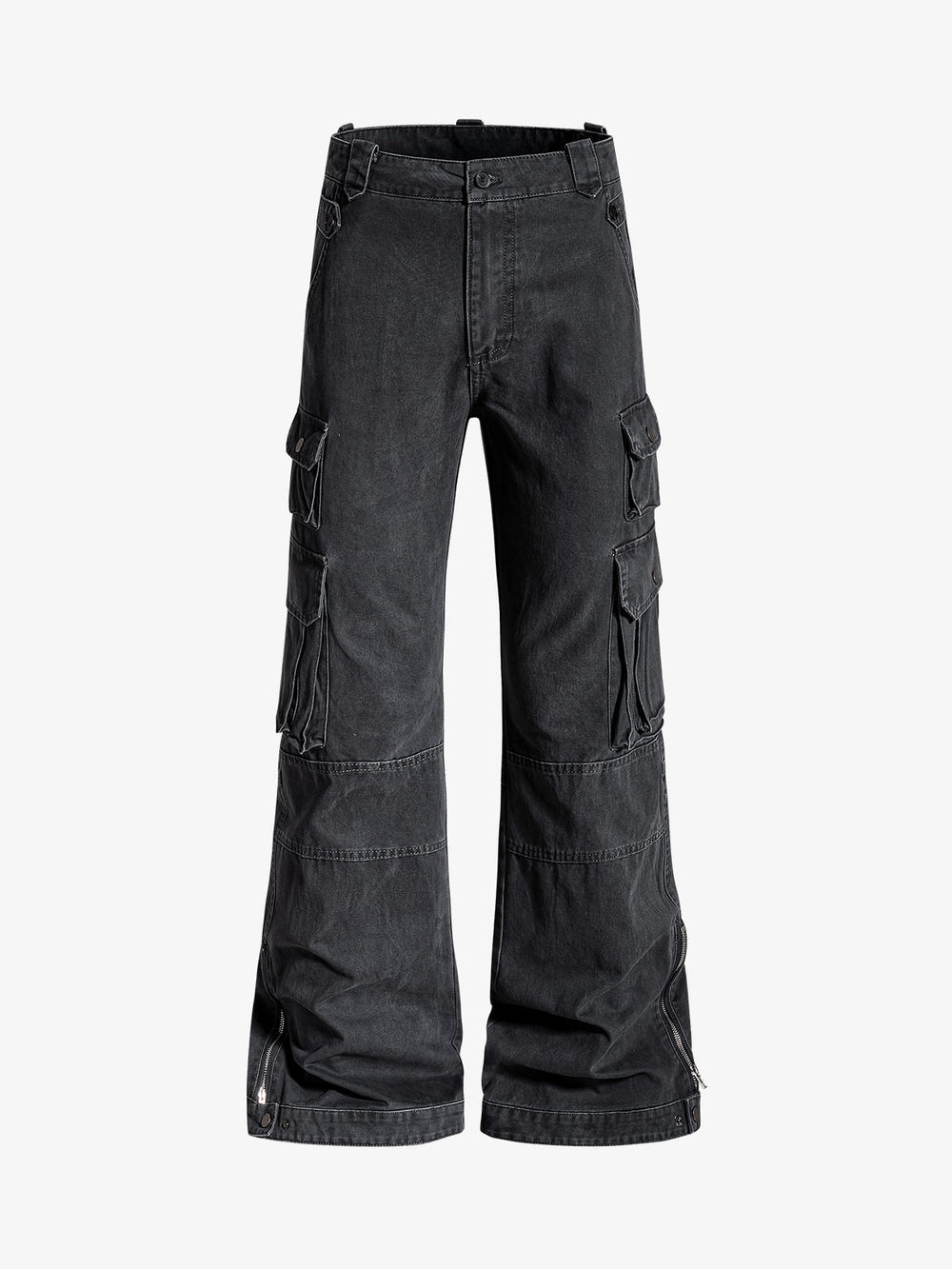 Vintage Washed Multi-Pocket Adjustable Strap Flare Cargo Pants 