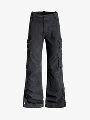 Vintage Washed Multi-Pocket Adjustable Strap Flare Cargo Pants 