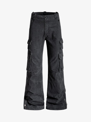 Vintage Washed Multi-Pocket Adjustable Strap Flare Cargo Pants 