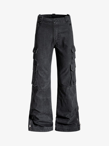 Vintage Washed Multi-Pocket Adjustable Strap Flare Cargo Pants 