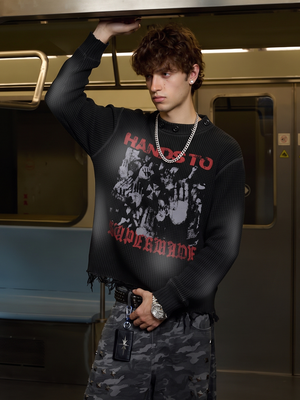 Dark Graphic Distressed Knit Sweater