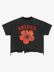 Acid Wash Ripped Floral T-Shirt 