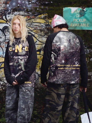 All-Over Battlefield Anti-War Graphic Raglan Long Sleeve Tee