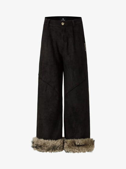 Retro Faux Fur Hem Wide-Leg Pants 