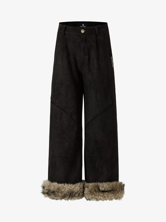 Retro Faux Fur Hem Wide-Leg Pants 