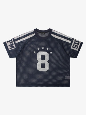 Mesh Jersey Number 8 Sports T-Shirt with Star Design and Sleeve Stripes 