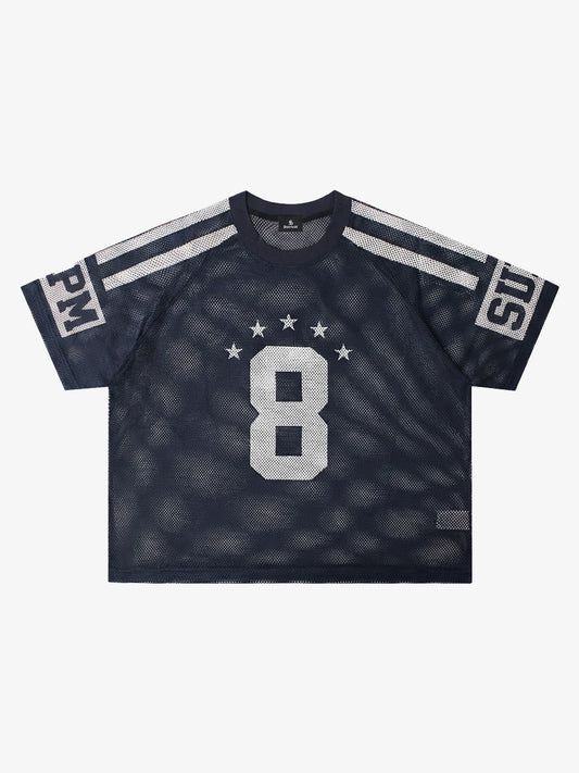 Mesh Jersey Number 8 Sports T-Shirt with Star Design and Sleeve Stripes 