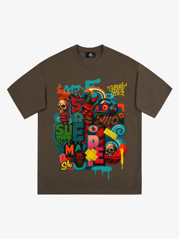 Trendy Multicolor Graffiti Skull Graphic T-Shirt 