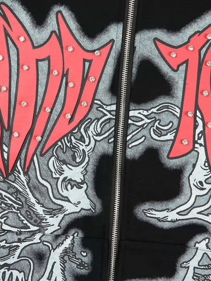 Retro Gothic Print Rhinestone Zip-Up Hoodie 