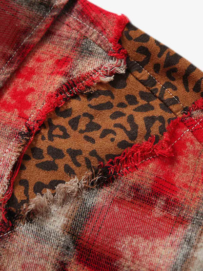 Plaid Hooded Jacket with Leopard Trim and Unique Accessories 