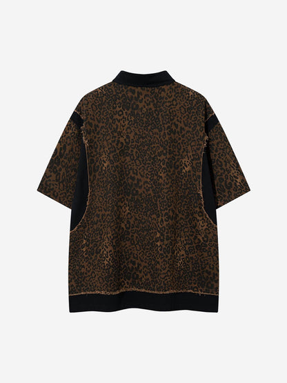 Vintage Leopard Patchwork Distressed Polo Shirt