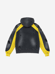 Washed Distressed Color Block Waffle Zip Hoodie