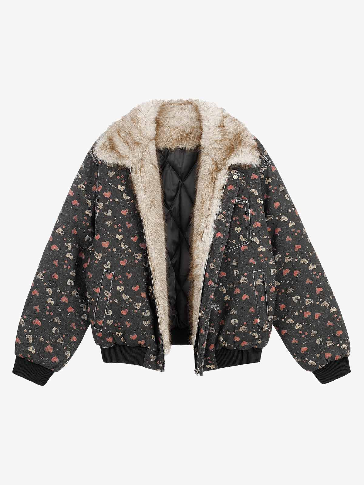 Heart Graphic Faux-Fur Collar Denim Padded Coat