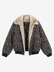 Heart Graphic Faux-Fur Collar Denim Padded Coat