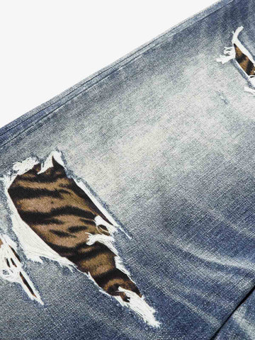 Leopard Ripped 3D Print Baggy Barrel Jeans